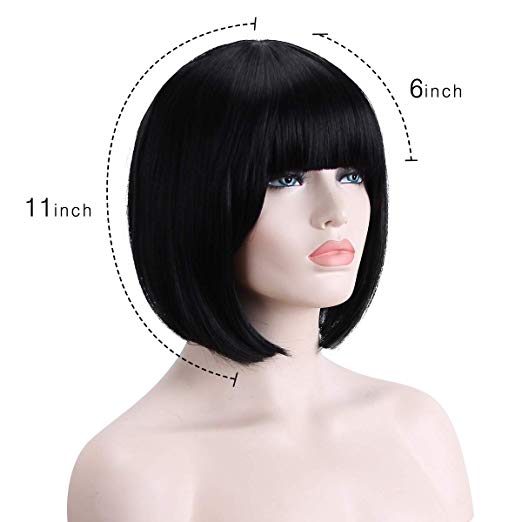 BARSDAR 11" Black Short Straight Bob Wigs with Flat Bangs Hair Christmas Party Costume Thanks Giving Day Daily Use